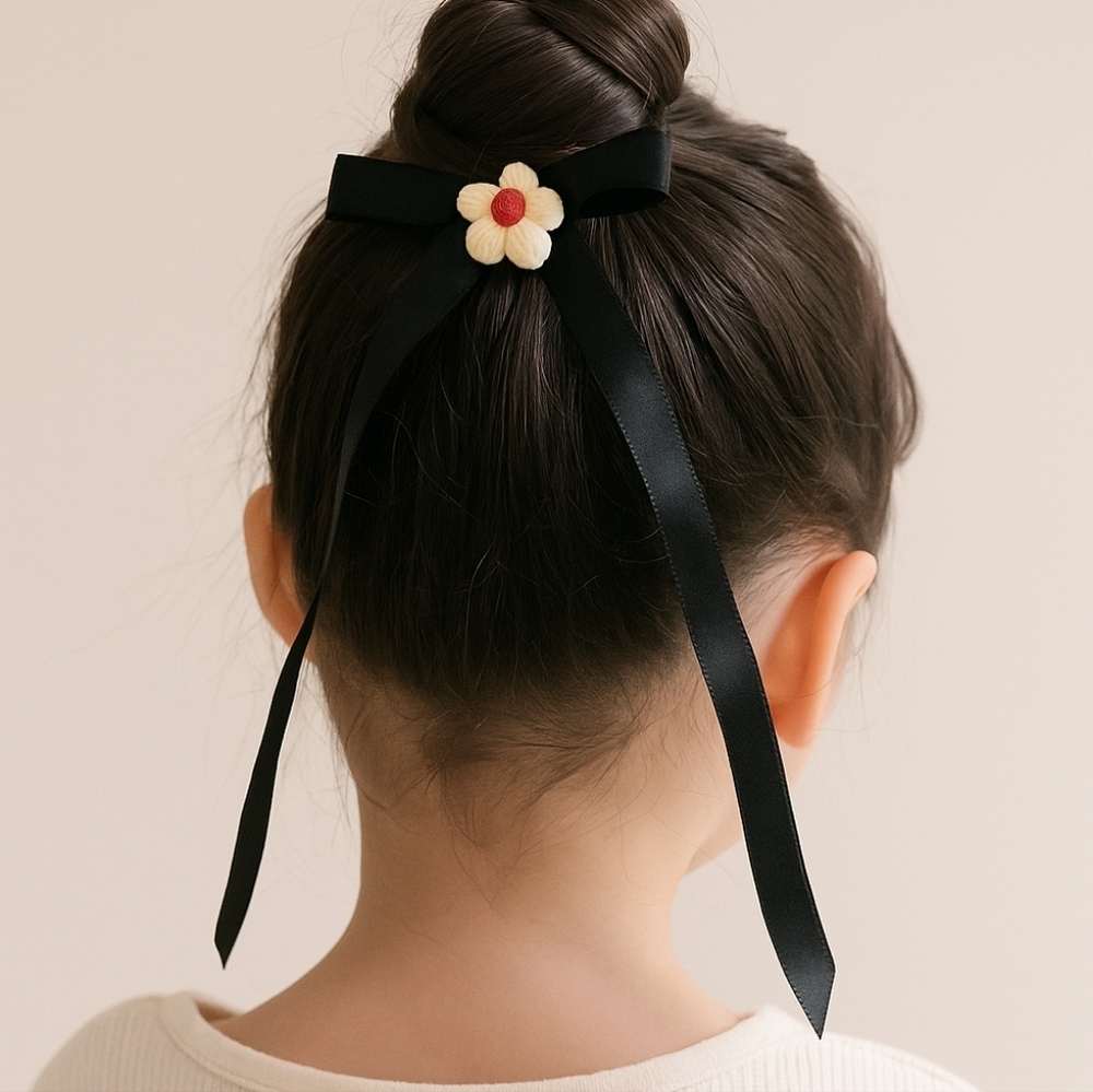 Hand Crafted Bow Hair Clip Black silk ribbon Crochet white and red puffy flower